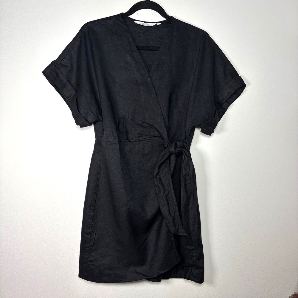 & Other Stories Black 100% Linen Wrap Mini Dress V-Neck Short Sleeve Size 6